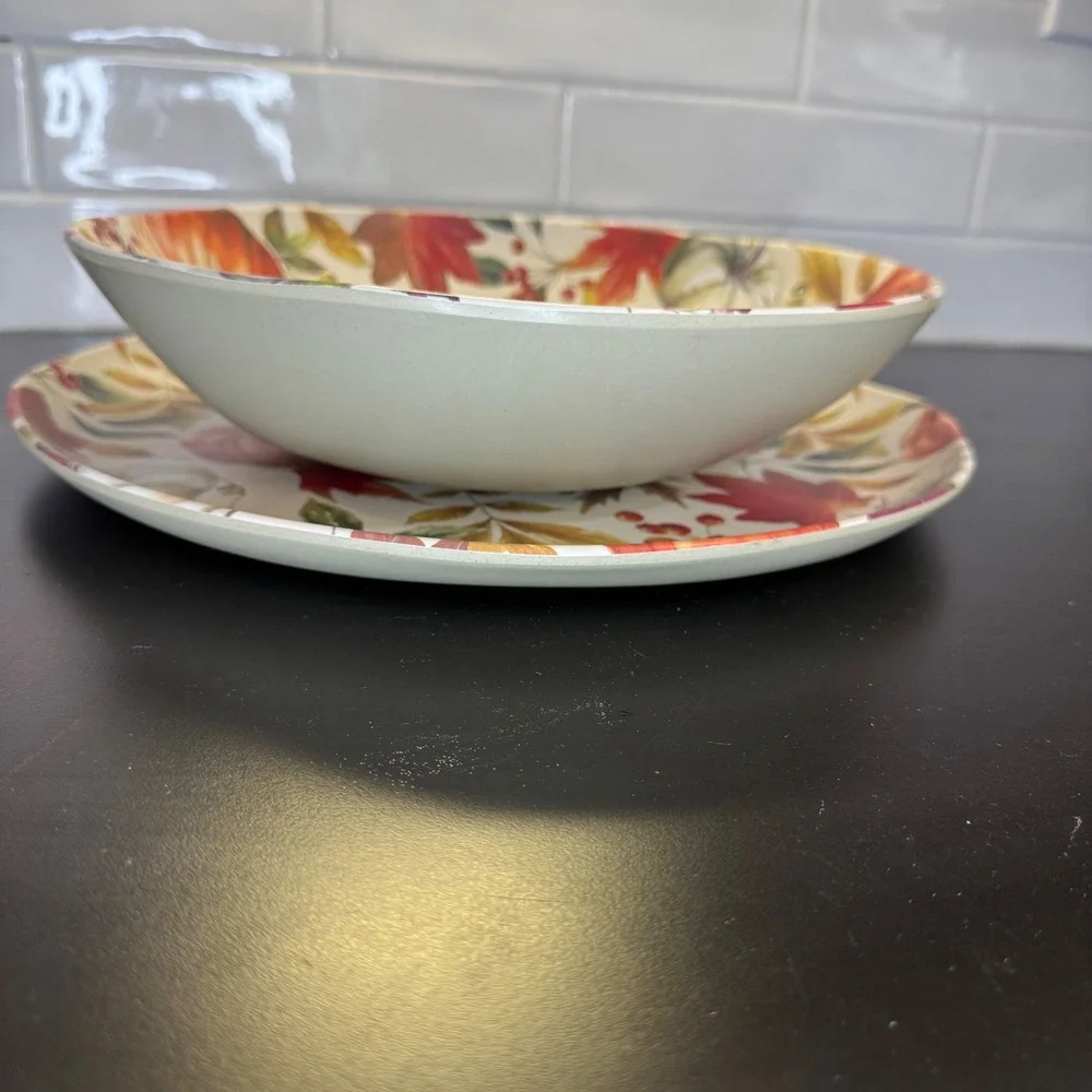 Bee & Willow Serving Bowl Tray Set Home Cream Orange Pumpkin Leaf Melamine